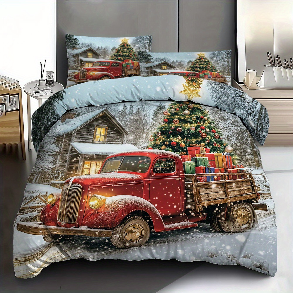 

3pcs Christmas Polyester Bedding Set - Includes 1 Duvet Cover & 2 Pillowcases, Soft & Comfortable, All - Ideal For Home & Guest Rooms