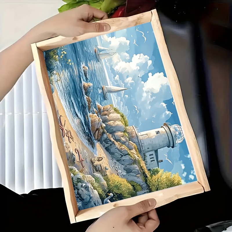 TEMU Un plateau de peinture diamant DIY de 19,81x29,97 cm avec poignée, design de paysage de plage - mosaïque ronde complète, adapté pour la