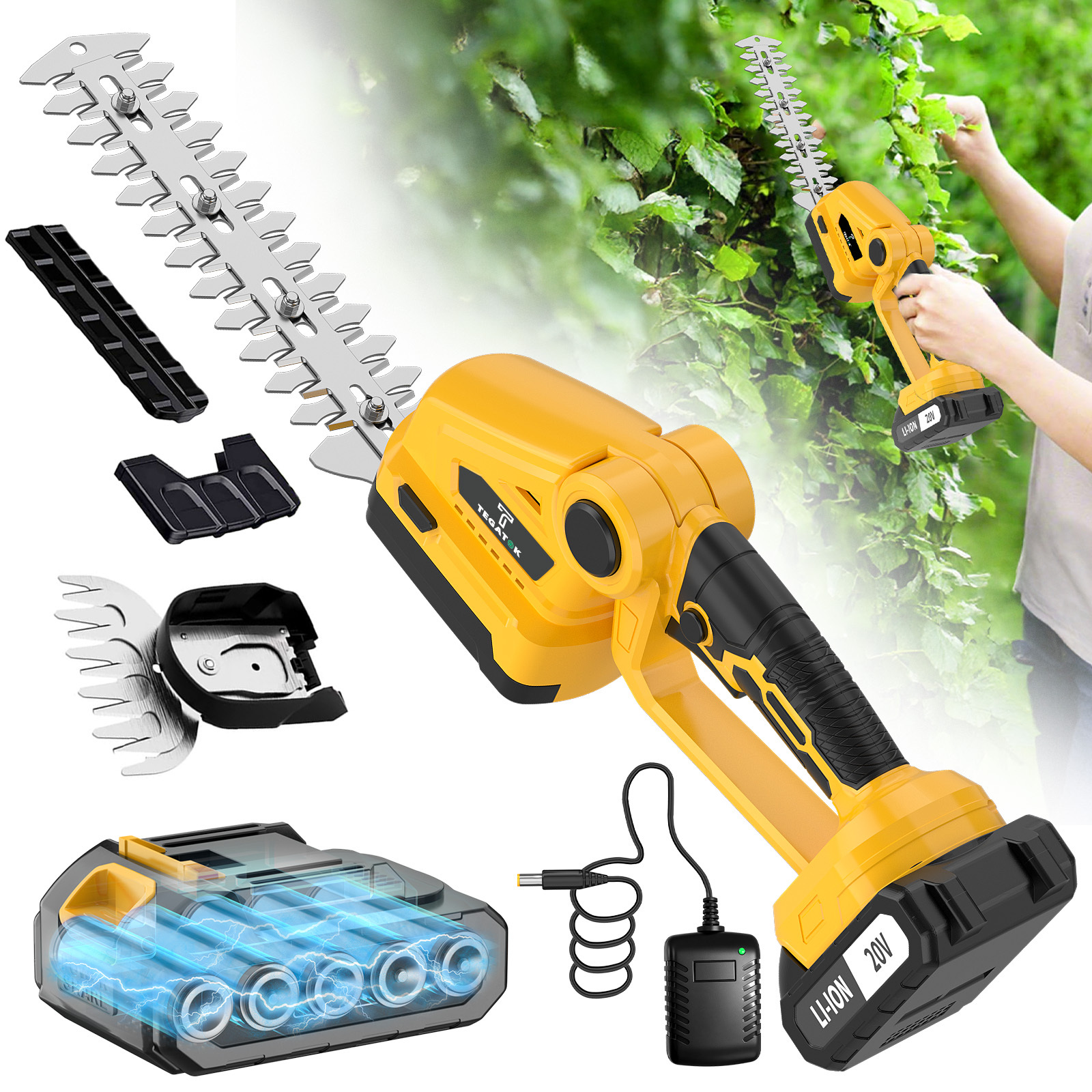 TEMU 20v Cordless Mini Hedge Trimmer, Available With Either 1 Battery -battery Setup, 45° Adjustable Cutting Head, 230mm Trimming Length, Handheld