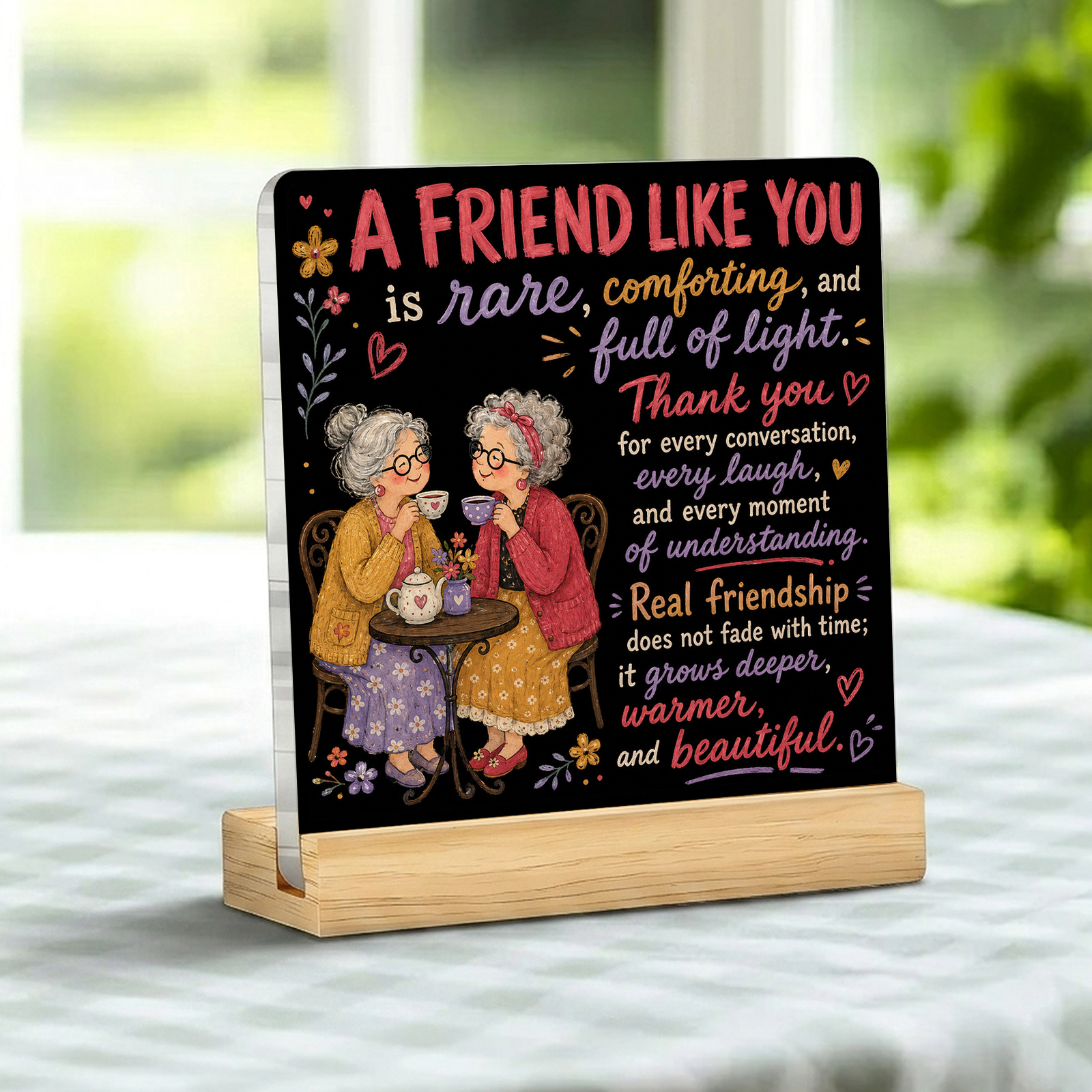 TEMU 2d Flat, Two-dimensional Plane, 1pc, Friendship Theme, Acrylic Plaque With Wooden Stand, Old Woman Chatting With A Quote, Friendship-themed
