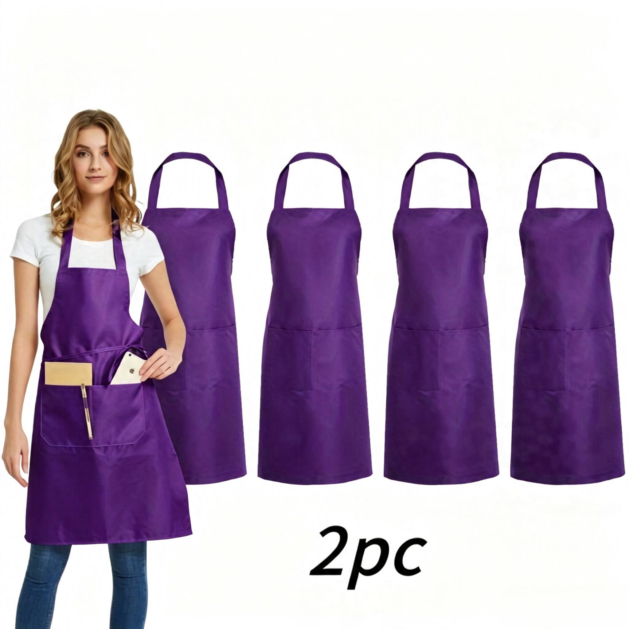 TEMU 2pcs Solid Color Adjustable Kitchen Aprons, Durable Polyester Fiber With Pockets, Suitable For Cooking, Grilling, And Salon Use, Heavy-duty