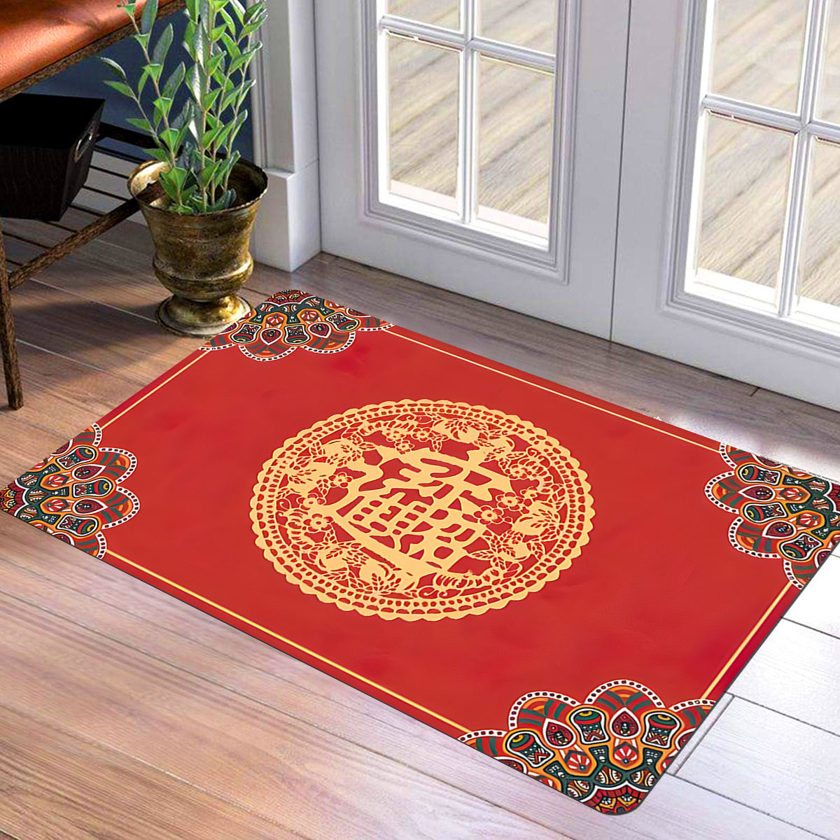 

Tapis d'Entrée Floral Rouge Chinois avec Design de Dentelle Colorée - Antidérapant, aux Taches en Polyester pour la Décoration de , pour , , de Bain