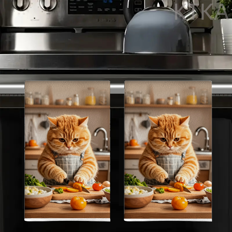 TEMU Cat Chef Cooking Vegetables Kitchen Pattern Printed Kitchen Towels, Cleaning Cloths, Neighbor Gifts, Mom Gifts, Birthday Gifts, Sweet