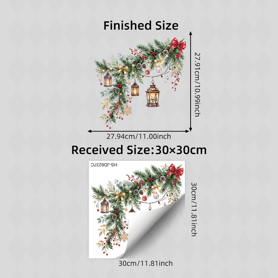 TEMU 1pc Christmas Pine Branch Lantern Static Cling Window Sticker, Bow Snowflake Vintage Lantern Santa Pattern, Reusable Xmas Window Clings, Home