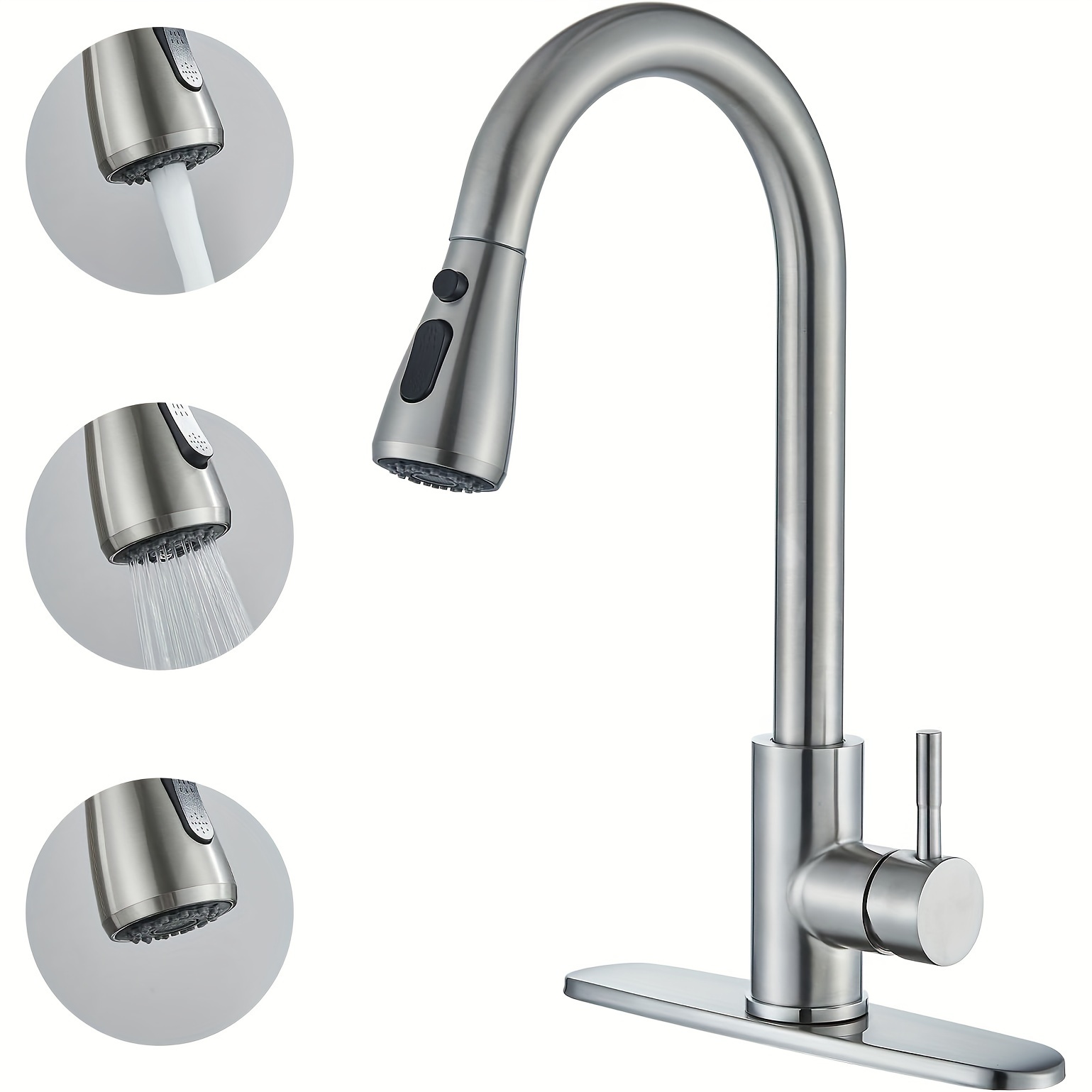 TEMU Kitchen Faucet With Pull-down Spray (non-potable Water Use) Single Handle High Arc Commercial Stainless Steel Brushed Nickel Kitchen Sink Faucet