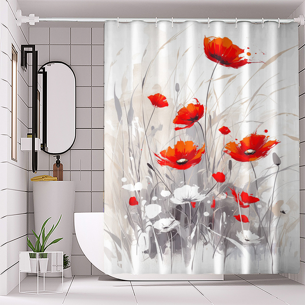 

de séparateur de bain en polyester tissé imperméable avec numérique de coquelicots rouges, lavable en machine avec crochets, design floral imperméable, accessoire de salle de bain pour toutes les