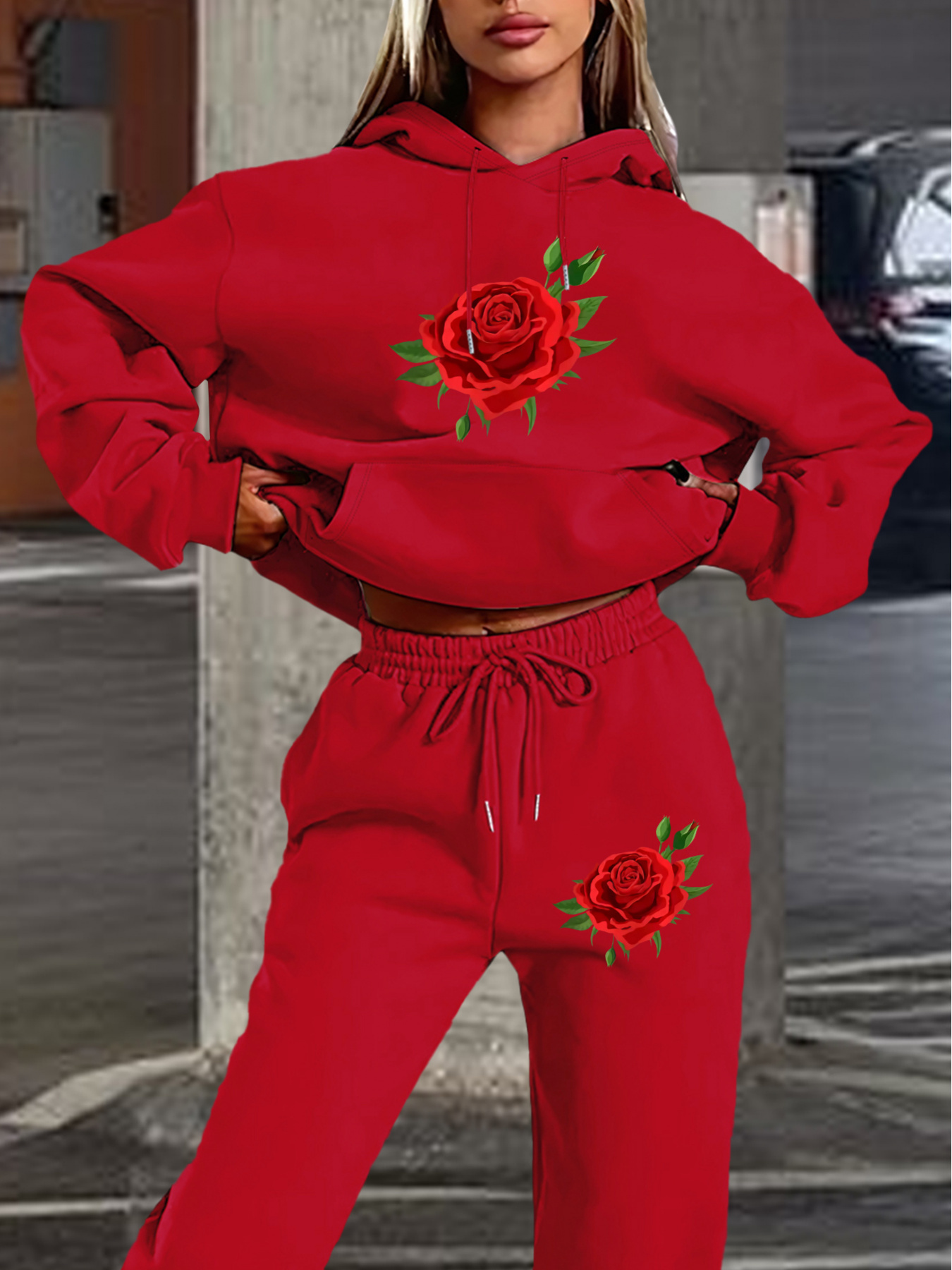 womens cozy red hoodie jogger set casual long sleeve Temu Pakistan