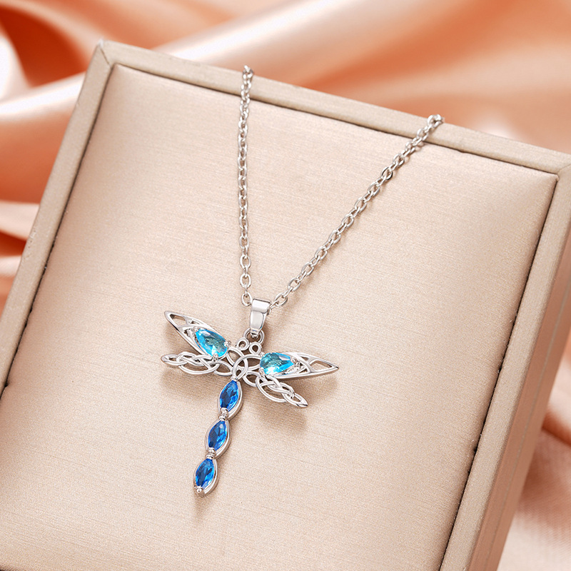 Women's S925 Silver Dragonfly Pendant Necklace with Cubic Zirconia