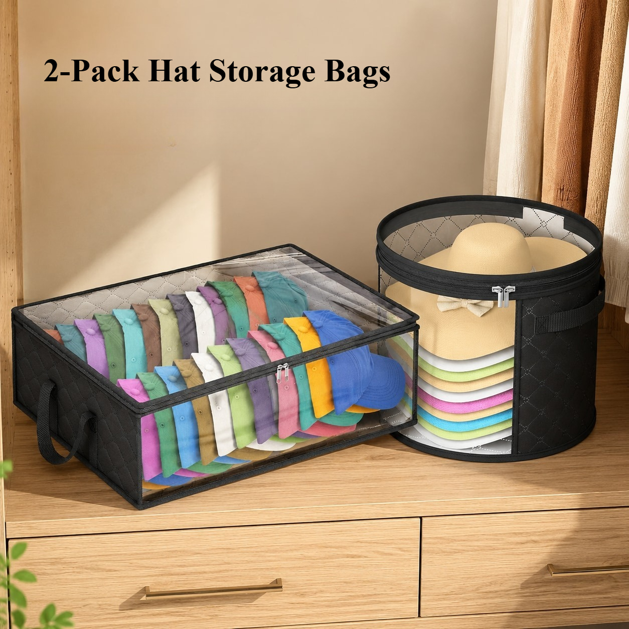 TEMU 2pcs Set: 1 Rectangular Hat Storage Box + 1 Cylindrical Hat Storage Box. Lidded Storage Box With A Transparent Window And Handle. Foldable