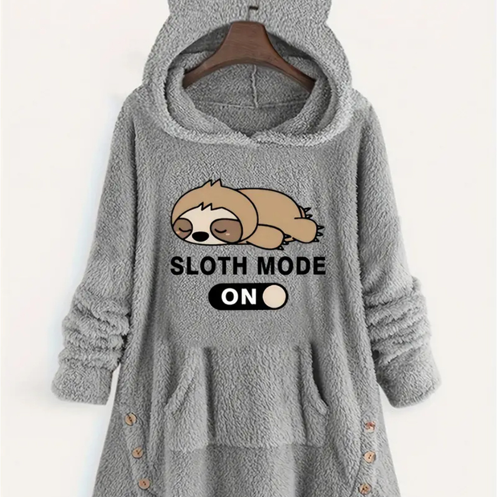 

Women's Casual Flannel Hoodie With Sloth Print, Polyester, Crew Neck, Long Sleeve, Knit Fabric, With Button , For Fall/winter