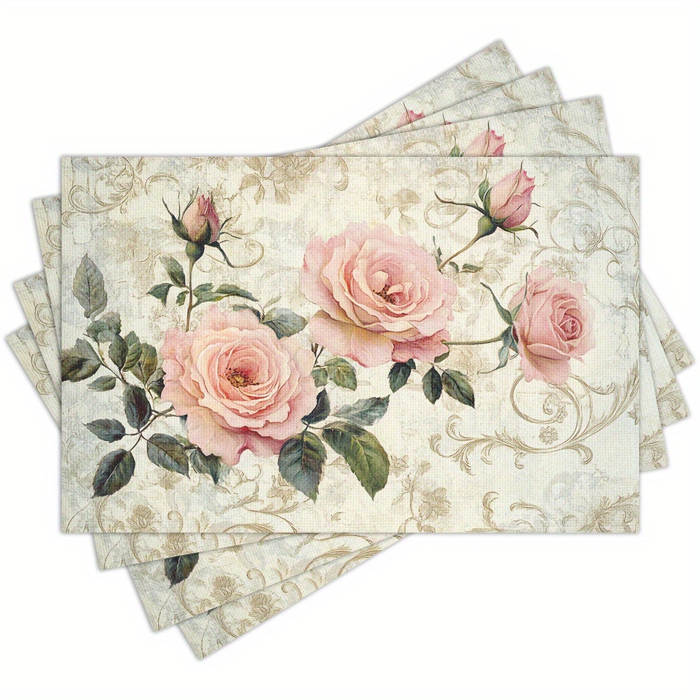 TEMU 4pcs Elegant Shabby Chic Placemats - Washable Linen, Floral Table Decor For Dining Room And Holiday Parties, Rectangular Kitchen Table Mats With
