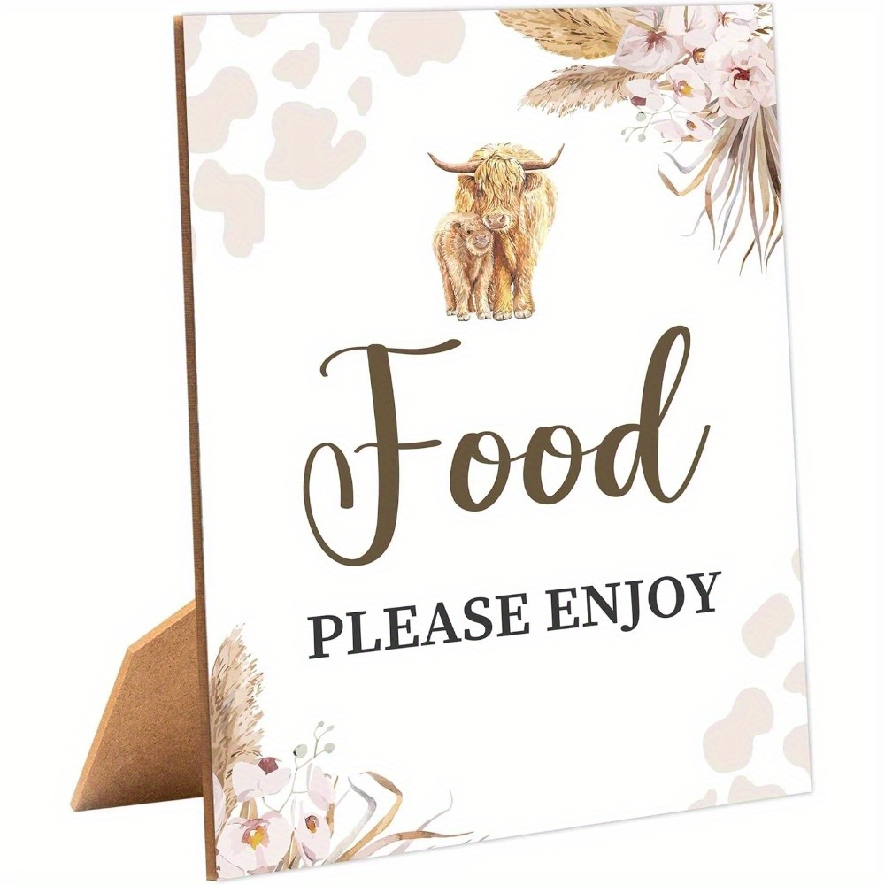 TEMU A Single Wooden Sign With A Stand For Tabletop Decoration, Featuring A Boho Cow Design That Says 'please Enjoy', A Baby Shower. This Cow-themed