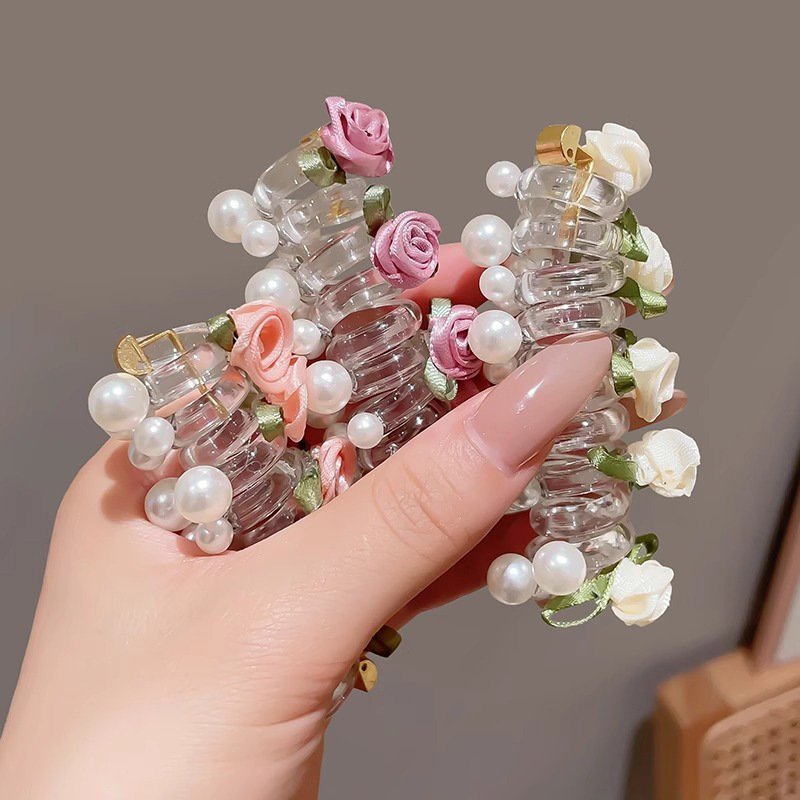 

3pcs Sweet Women's Rose Pearl Hair Tie Set - Elegant And Spiral Design, Simple And Sweet Female Hair Accessories, For Spring And Summer. Slight Color In Per .