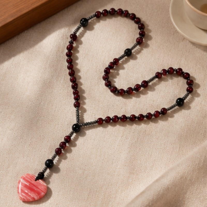 Red Agate Heart Pendant Mala Bead Necklace, Bohemian Style