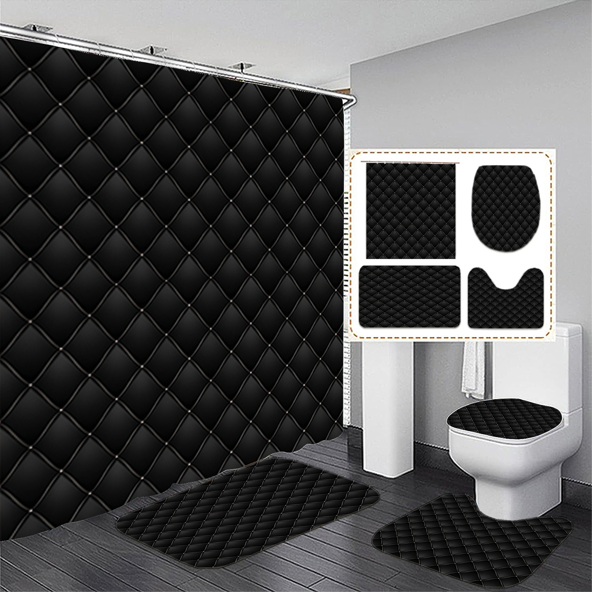 

1pc/3pcs Luxurious Black Bathroom Set, Water-resistant Polyester Shower Curtain With 12 Hooks, Non-slip Bath Mat, U-shaped Toilet Mat, Lid Cover, Decorative Accessory, Modern Decor