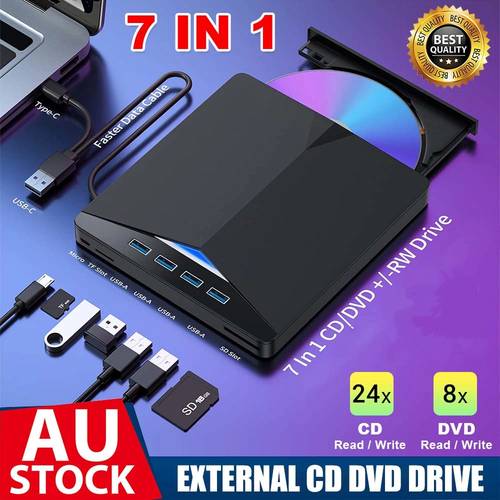portable 7 in 1 multifunctional external drive for reading and writing cds and dvds featuring usb c usb 3 0 hub and with laptops and all in one desktop computers