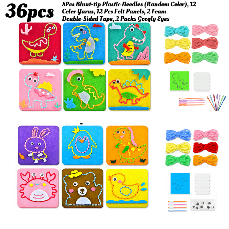 TEMU 36pcs Children's Fun Cartoon Sewing Kit, Beginner Diy Art Craft, Cartoon Animal Dinosaur Theme, Includes 8 Plastic Blunt-tip Needles (random