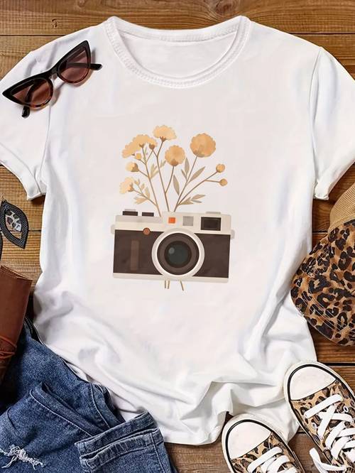 plus size womens clothing womens t shirts fashion and versatile camera with flowers print