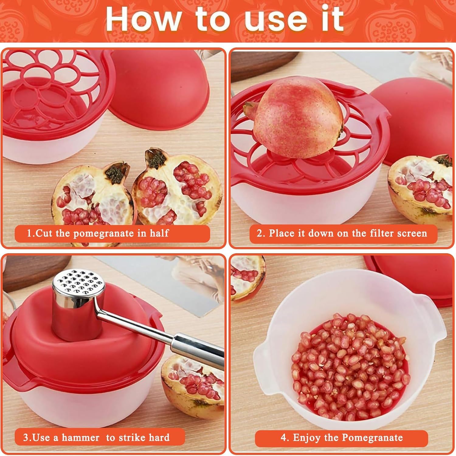 Silicone Pomegranate Peeler and Bowl Set, Food-Safe Plastic Pomegranate Deseeder, Easy Arils Removal Tool for Kitchen Use