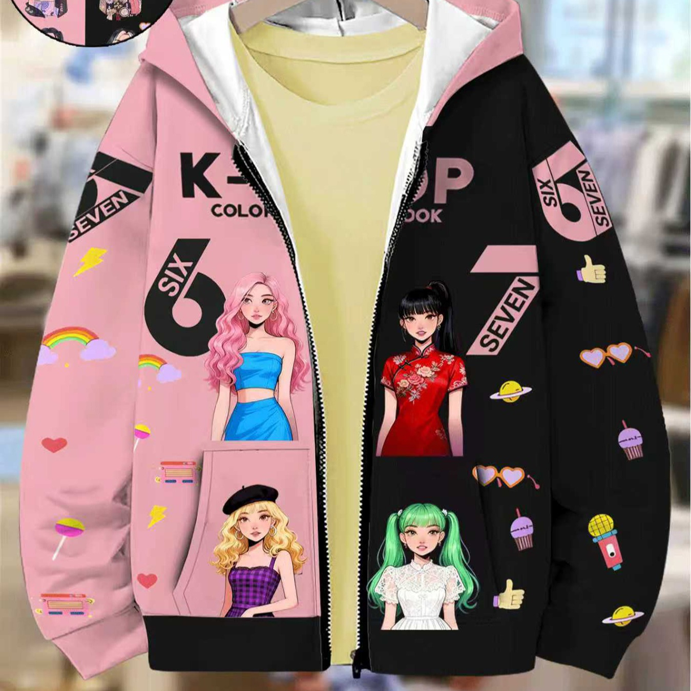 fashionable girls zipper hoodie color block kpop 67 number - Temu