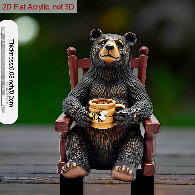 TEMU 2d Flat, 1pc Adorable Bear On Chair With Mug Garden Stake - Flat Acrylic Plant & Outdoor Decoration, Rustic Farmhouse Flower Bed Accent, Durable