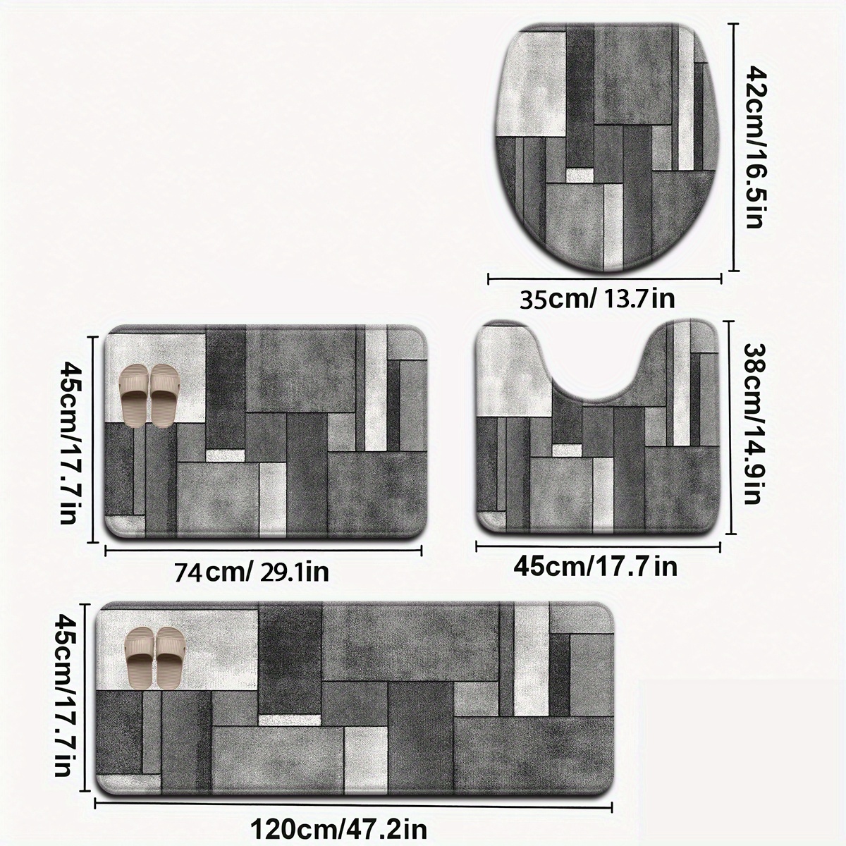 Image of 3pcs/4pcs Gray Geometric Pattern Bathroom Mat Set With Toilet Seat Cover And U-shaped Foot Mat