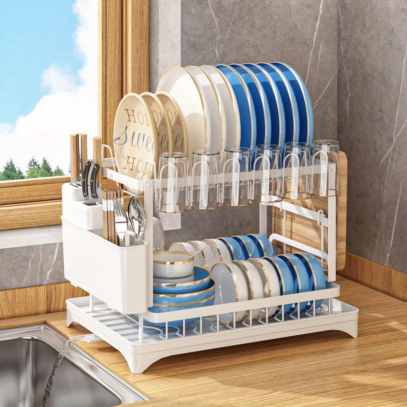 TEMU 2-tier Stainless Steel Dish Drying Rack With Drip Tray & Utensil Holder - Large Capacity Space-saving Kitchen Counter Organizer, Heavy-duty