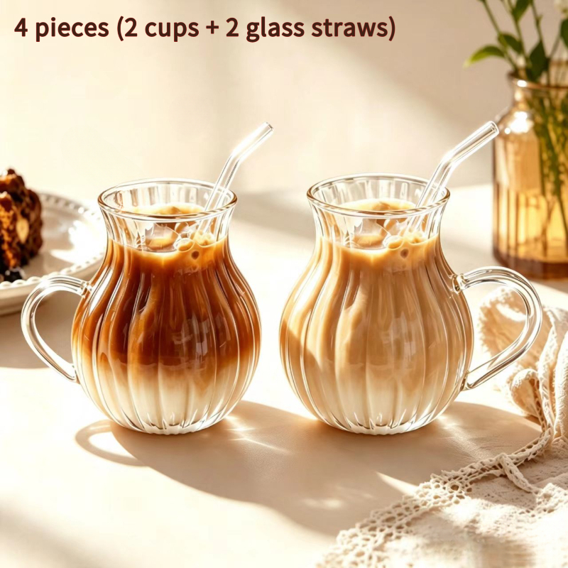 TEMU 4pcs (2 Cups And 2 Glass Straws) Vertical Pattern Handle Glass Cups, Household Pumpkin Coffee Cups, Suitable For Coffee, Milk Tea, Juice, Cold