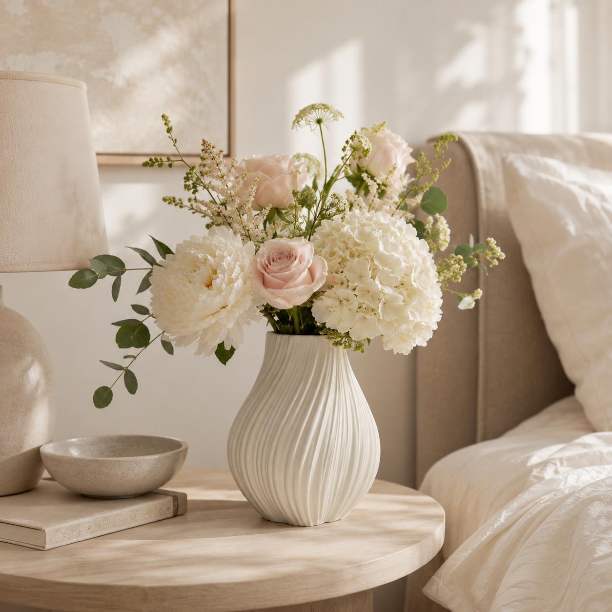 Image of Creamy White Twisted Rib Ceramic Vase, Nordic Style Minimalist Hydroponic Flower Arrangement Vase, Living Room Tabletop Decorative Ornament