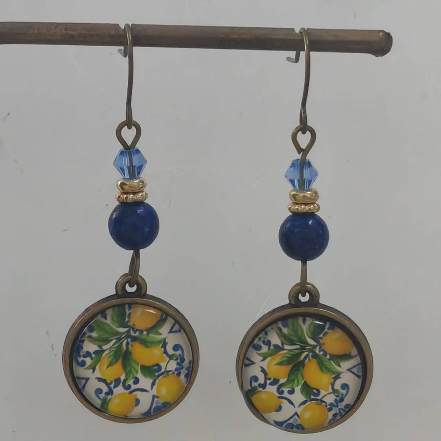 TEMU 2pcs Lemon Fruit Earrings For - Bohemian Retro Round Citrus Jewelry, Lemon Dangle Earrings Suitable For Casual Attire, Parties, Gifts,
