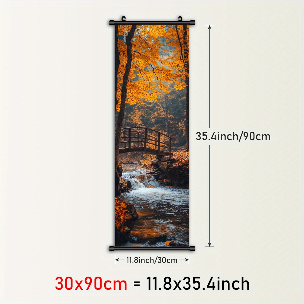 TEMU 1pc Framed Stream Wall Art - Autumn Forest Scene With Wooden Bridge & , Vertical Canvas Poster In Plastic Frame With Hanger, Asian Decor For