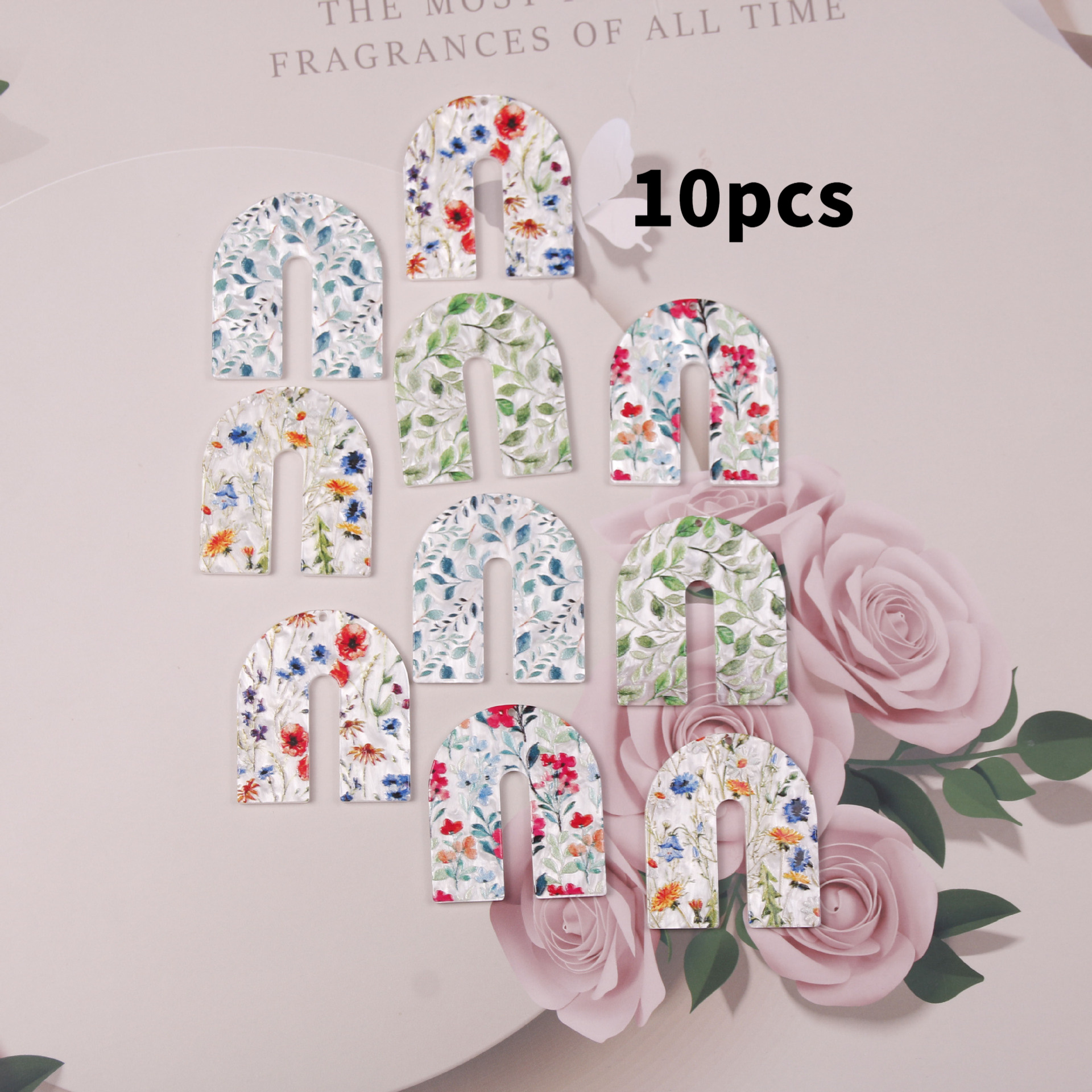 TEMU 10 pièces Charmes Floraux en Acrylique U-Shaped à l' Artisanal - Pendentifs Multicolores Pastel et pour DIY, Porte-clés, Barrettes de Cheveux,