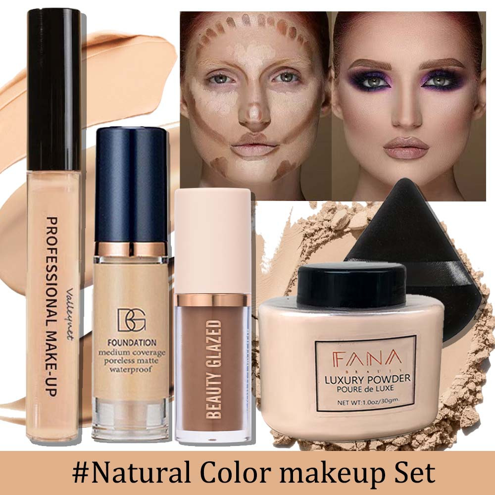 5pcs/set Base Kit - High-coverage Concealer, Lightweight Liquid Foundation, 3d Contouring Cream, Oil-control Loose Powder And Soft Puff - Long-lasting Matte Flawless End Set