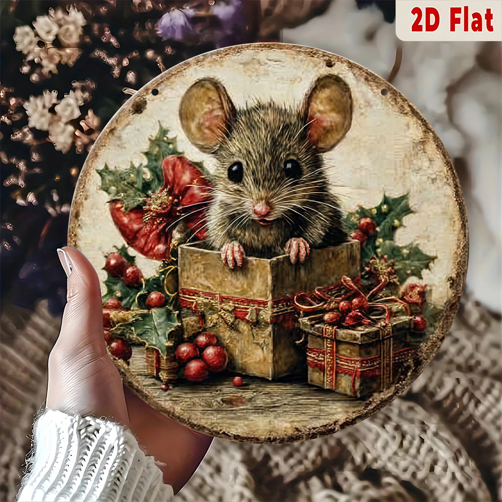 TEMU 2d Flat - Decorative Wall Art In 2d, Made Of, Featuring A Vintage Christmas Mouse Design With Gifts. An Ideal Present For During The , Easy To