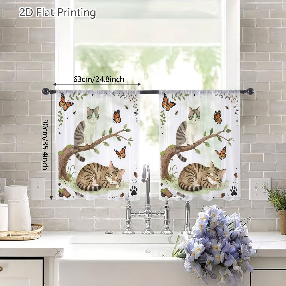 TEMU 2d Flat, 2pcs Small Semi-transparent Sheer Curtains, 2d Flat, 2pcs Small Semi-transparent Sheer Curtains, Nature Cats Illustration Leaves Vines