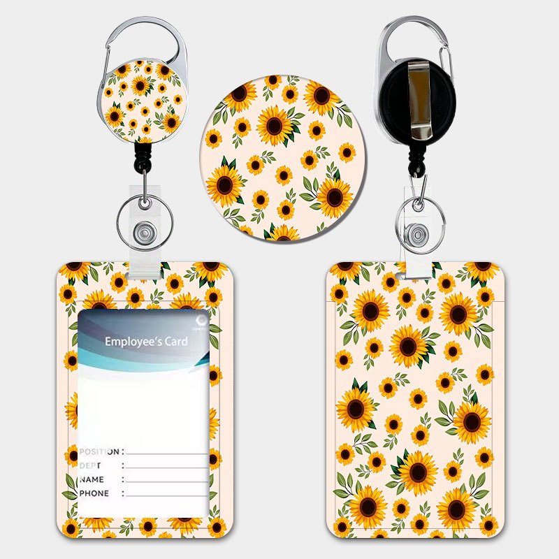 TEMU A Sunflower-patterned Yellow Floral Style Case For Women, Featuring An Retractable Lanyard And A Keychain. This Durable Plastic Card Holder Is