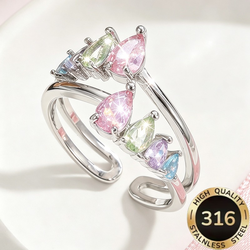 TEMU 1pc High-quality Open-adjustable Steel Hypoallergenic Light Luxury Sweet Dopamine Teardrop-shaped Synthetic Synthetic Zirconia Double-layer