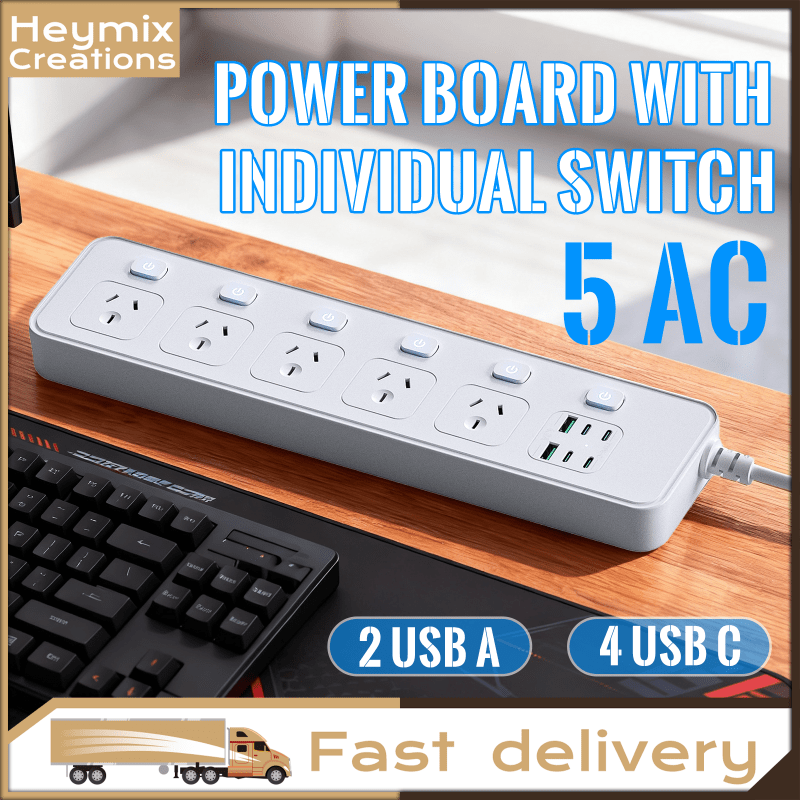 TEMU 3250w Power Board With Individual Switches, 5 Ac Outlets, 2 Usb-a & 4 Usb-c Ports, 2m Extension Cord And Protection For