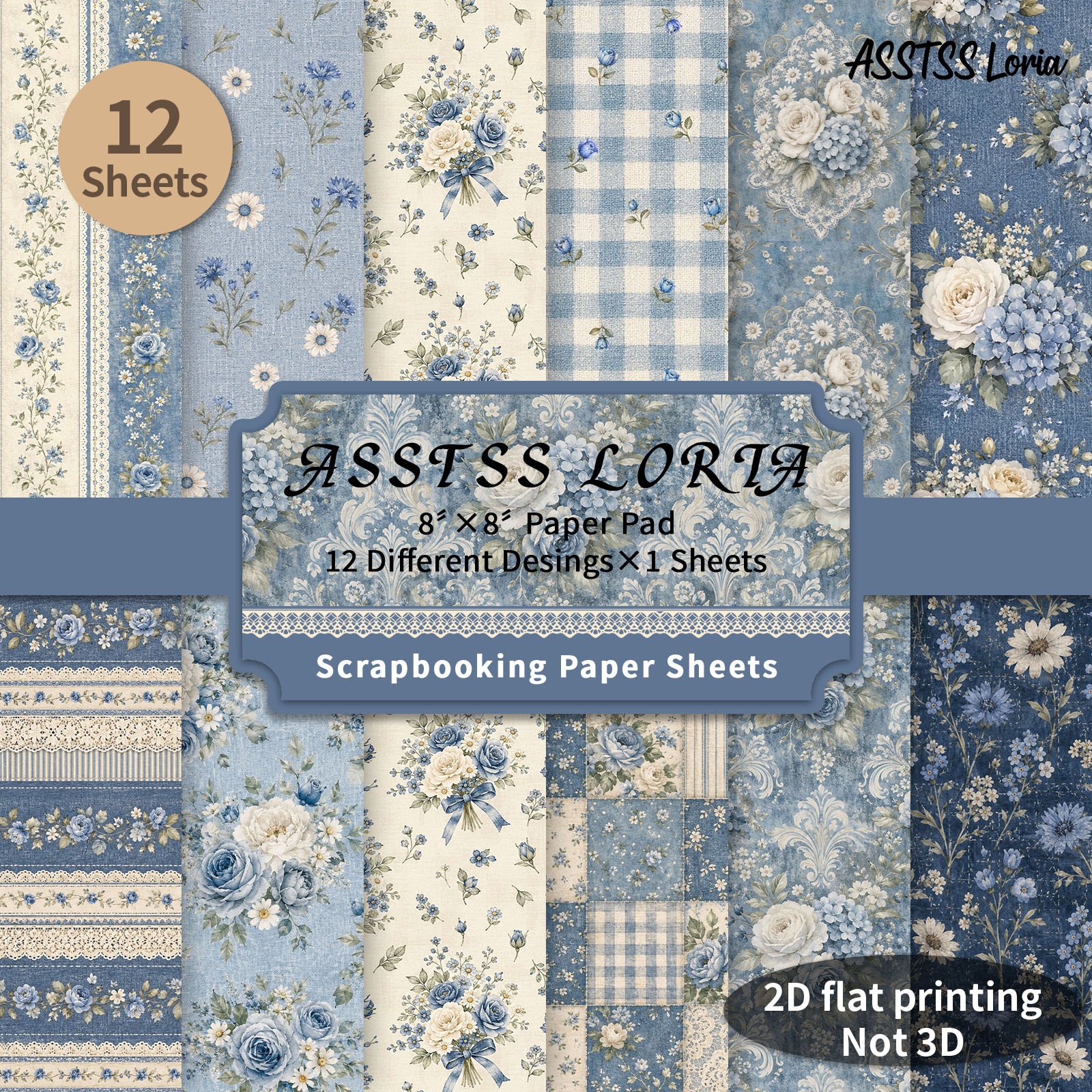 TEMU 12-sheet Asstss Loria 8*8inch Scrapbooking Paper Pad, Blue And White Pastoral Flowers Plane/2d Backing Paper Supplies, Heavyweight Cardstock For