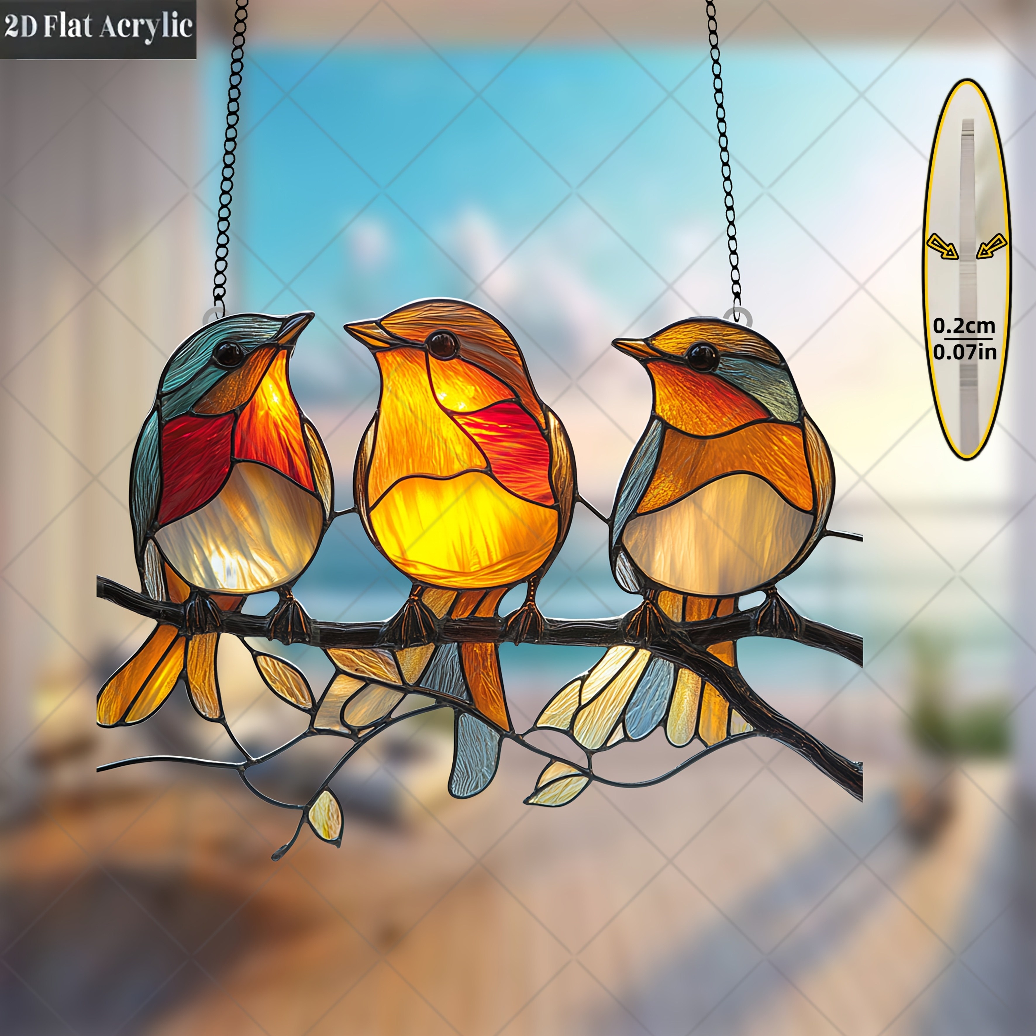 TEMU 2d Flat - A 2d Acrylic Garden Sun Catcher Featuring 3 Eurasian Perched On Branches, Made From Acrylic Material. The Theme Is Birds, Suitable For