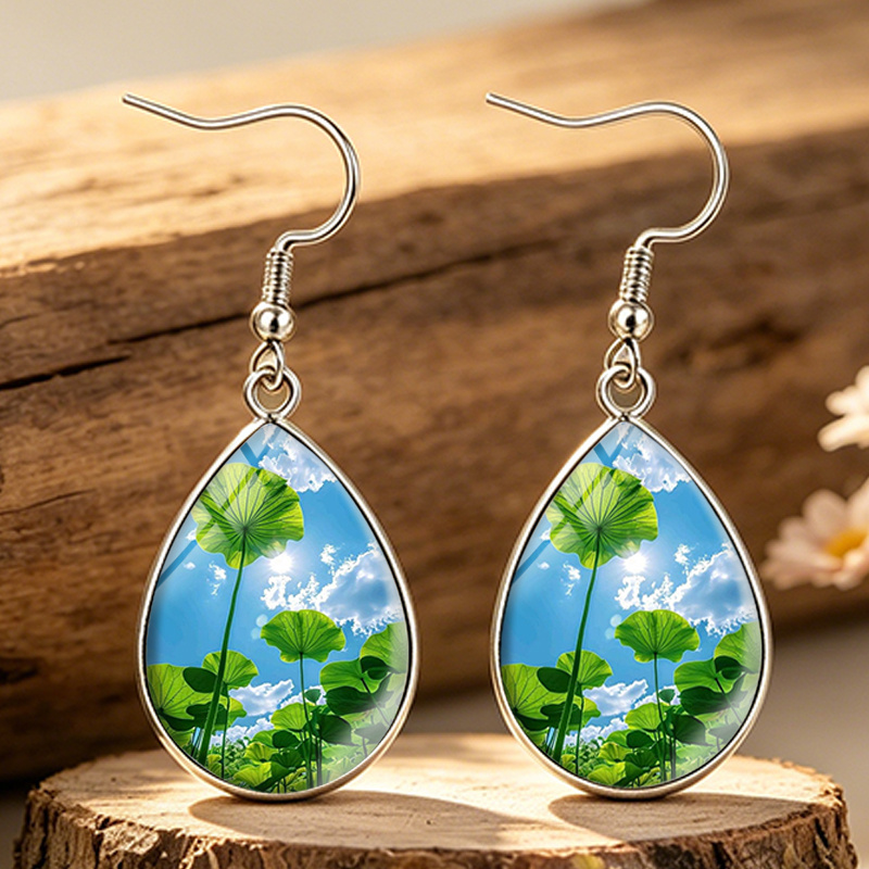 Summer Lotus Leaf Blue Sky Tear Drop Earrings, Fashion Gift