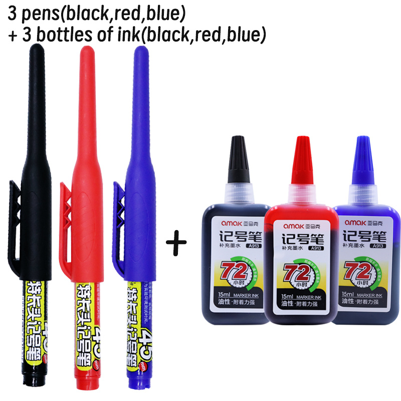 Image of 3pens And 3 Refill Bottles, Deep Hole Long Nib Marker Pens, Versatile Marker Set With , Extra-long 45mm Tip - Black, Blue, Red, Green Ink, For Construction, Ornament Fixing And Timber Marking