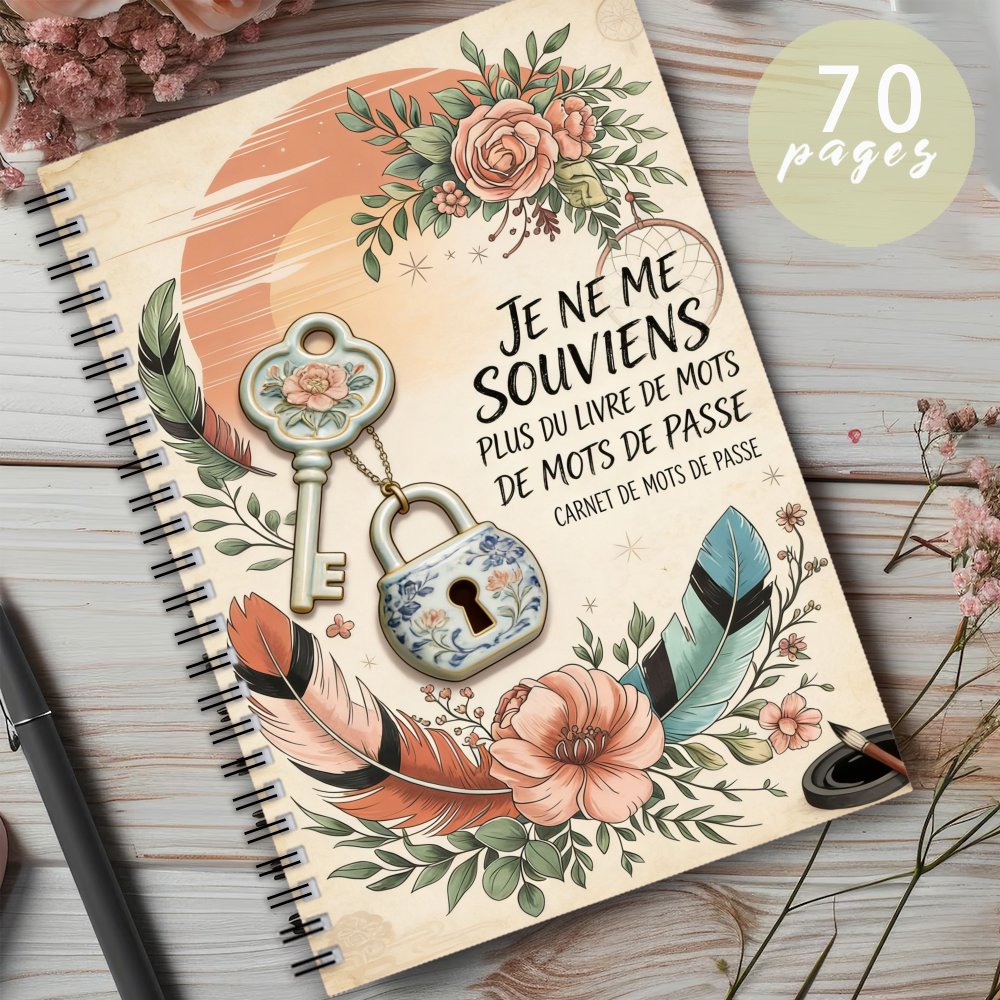 TEMU Carnet de de passe français à spirale, 1 pièce, journal à de passe au design vintage avec clé florale, cadenas et plume pour enregistrer les