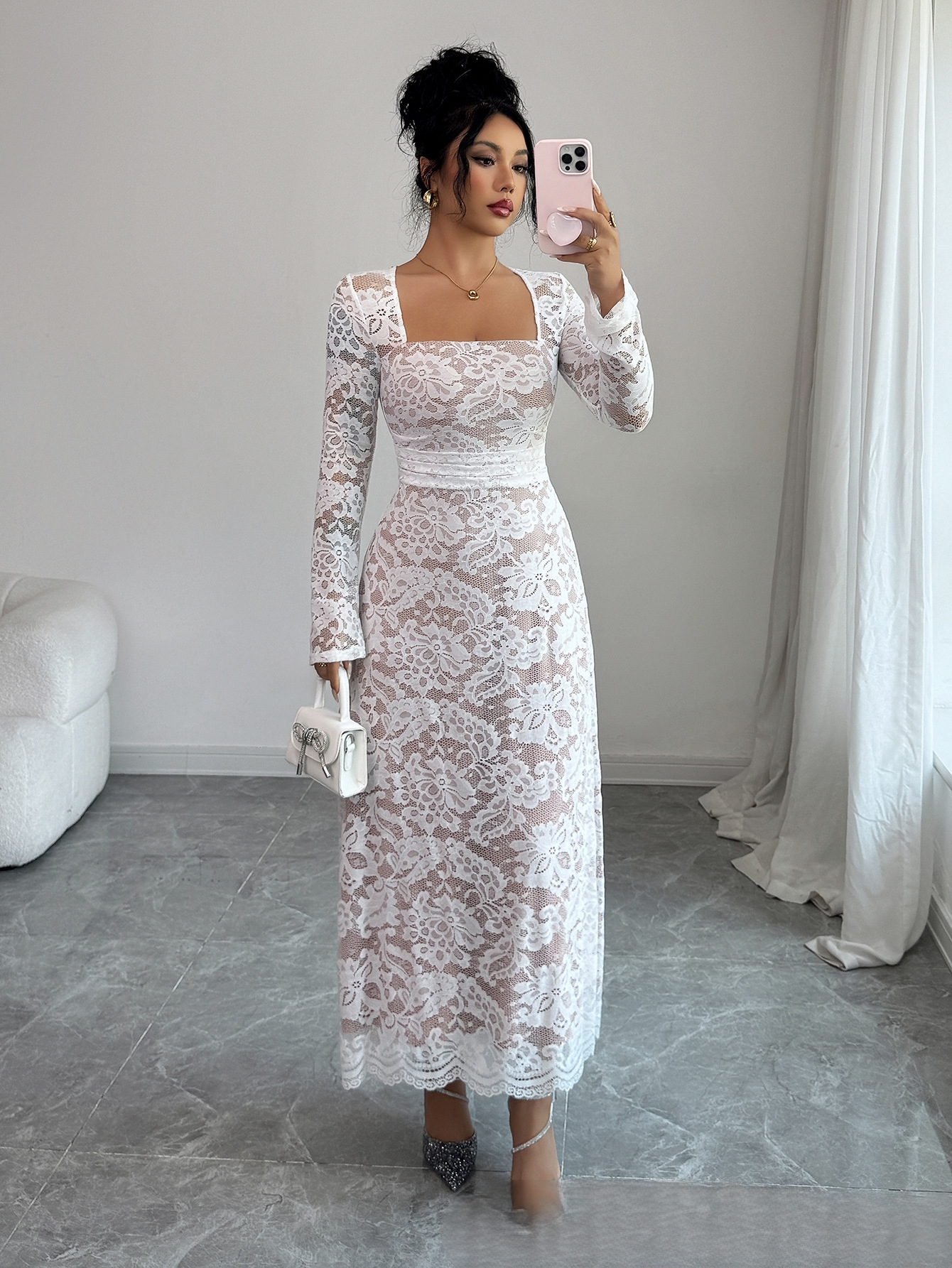 green emerald velvet dress White Floral Mid Length Dress main image 0