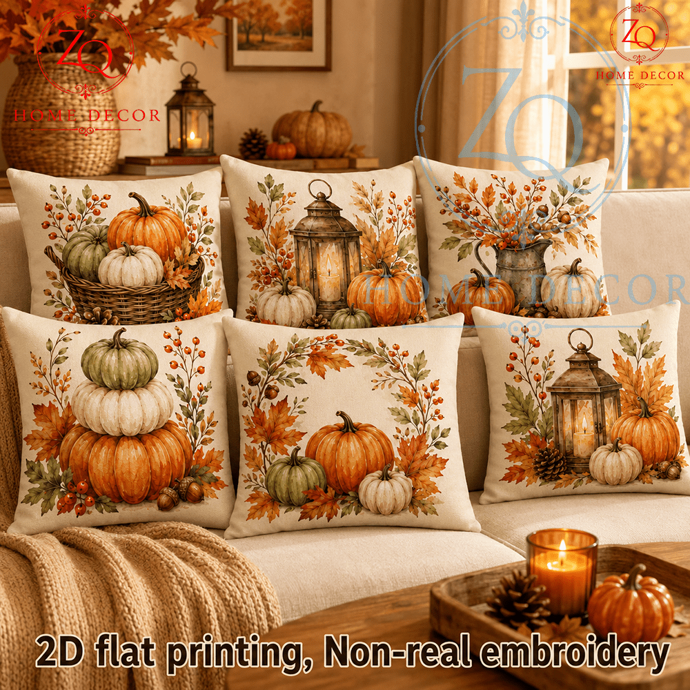 TEMU 6pcs Set, 2d Flat Print, American Autumn Vibe Pillowcases, Vintage Pumpkin And Maple Leaf Cushion Covers For Soft Furnishing Home Decor, Holiday