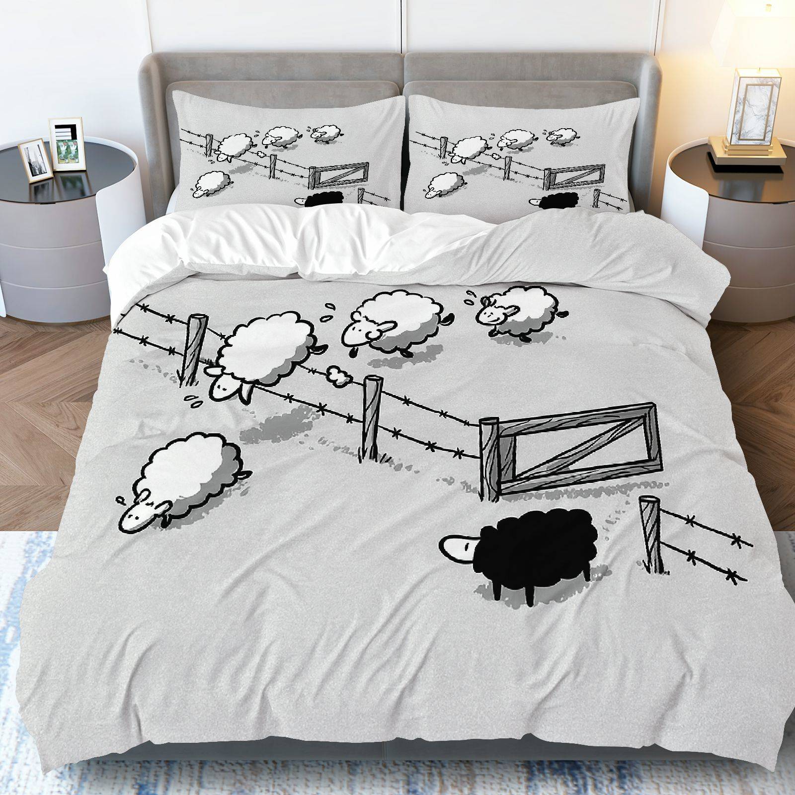 TEMU 3pcs Duvet Cover Set, 1pc Duvet Cover And 2pcs Pillowcases (filling Not Included), Sheep Farm Warm Cute Soft Theme, Easter Bedding, Gray Black