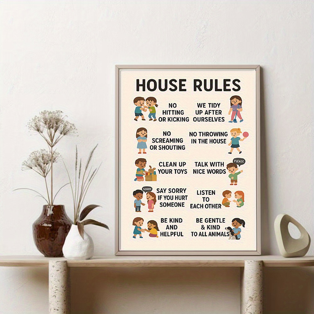 TEMU 2d Flat, 2d Flat, 1pc Regular Canvas Wall Art - Educational Family Behavior Rules Poster With Guide, Rustic Frameless Poster, Vertical Portrait