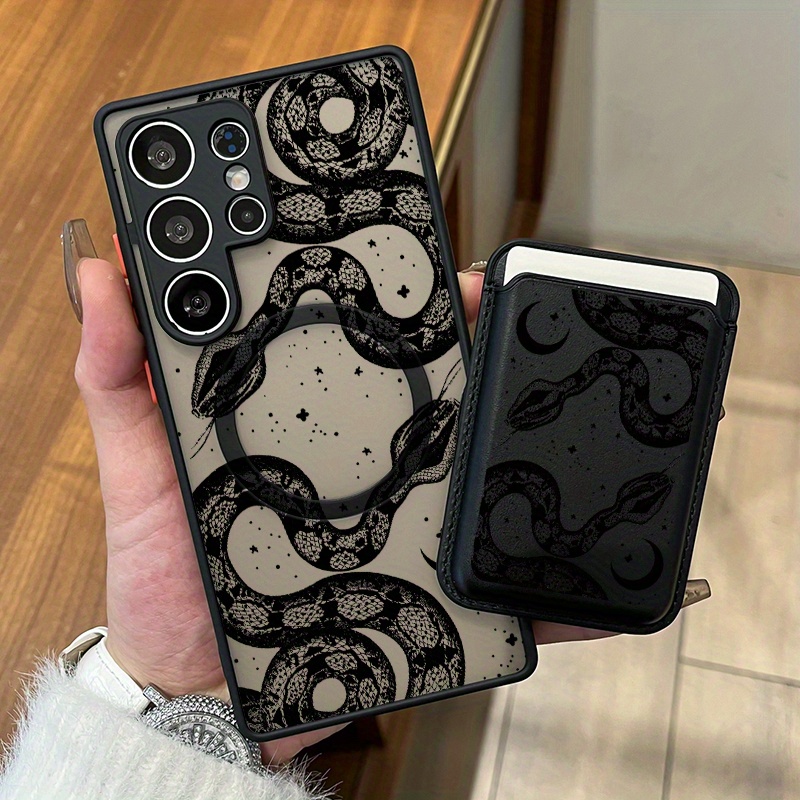 TEMU Phone Case - 2pcs Set New Creative Black Snake Pattern Magnetic Phone Case And Fashionable Luxury Artificial Leather Magnetic Property