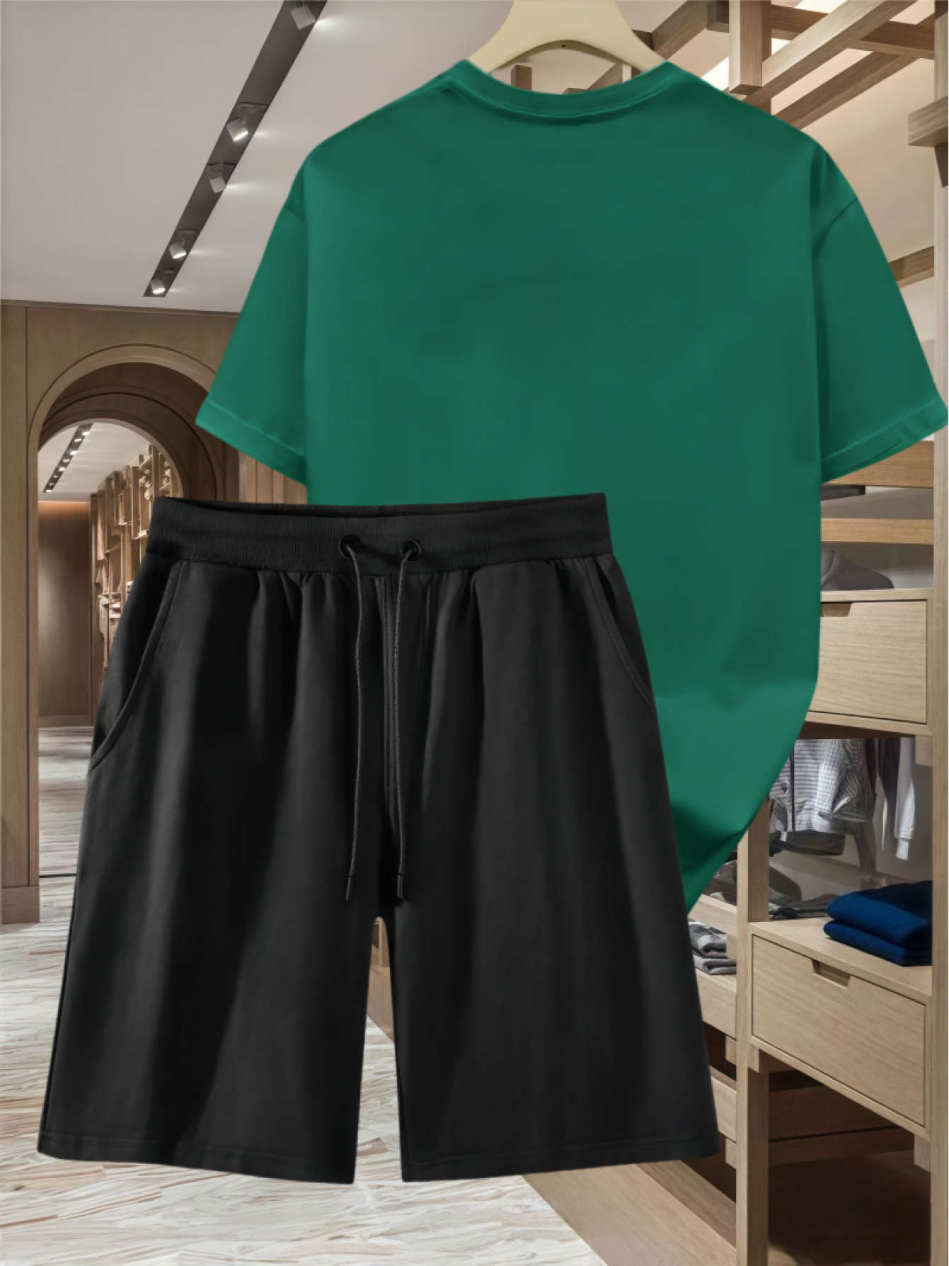 Two-Piece Casual Sports Set Featuring a Loose-Fitting Round-Neck Digital Print T-Shirt And Drawstring Shorts, Suitable for Both Men And Women, Perfect for Summer Beach Activities.