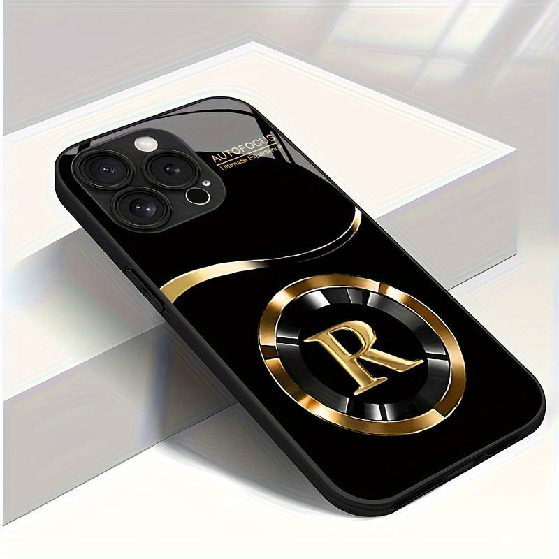 Minimalist Golden Lucky Letter R Pattern Glass Phone Case for iPhone 16/ 16Plus/ 16Pro/ 16ProMax 15/ 15Plus/ 15Pro/ 15ProMax/ 14/ 14Plus/ 14Pro/ 14ProMax/ 13/ 13Pro/ 13ProMax/ 12/ 12Pro/ 12ProMax/ 11/ 11/ 11Pro Max/ x/ xs/ xr/ xs max/ 7/ 8/ 7 Plus/ 8 Plus